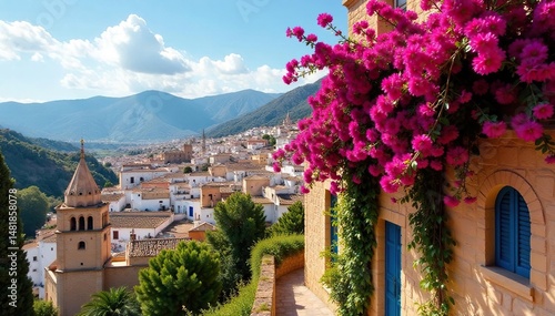 Vibrant bougainvillea climbing ancient Andalucian buildings, Granada, mediterranean, old, tourism