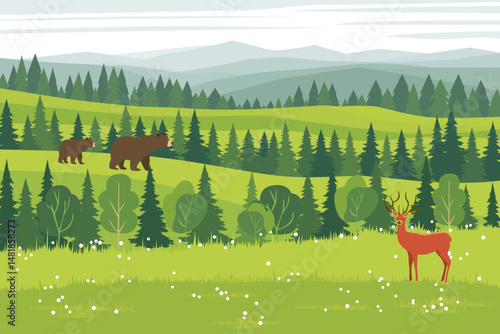 Animals in the wild. Deer and mother bear with cub walking in beautiful forest and meadow with flowers. Beautiful landscape illustration of nature with deer and bear.