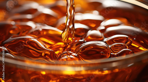 Whiskey, brown transparent liquid being poured into a glass, close-up.