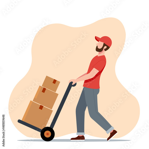 Delivery Worker Pushing Hand Truck with Cardboard Boxes – Flat Vector Illustration