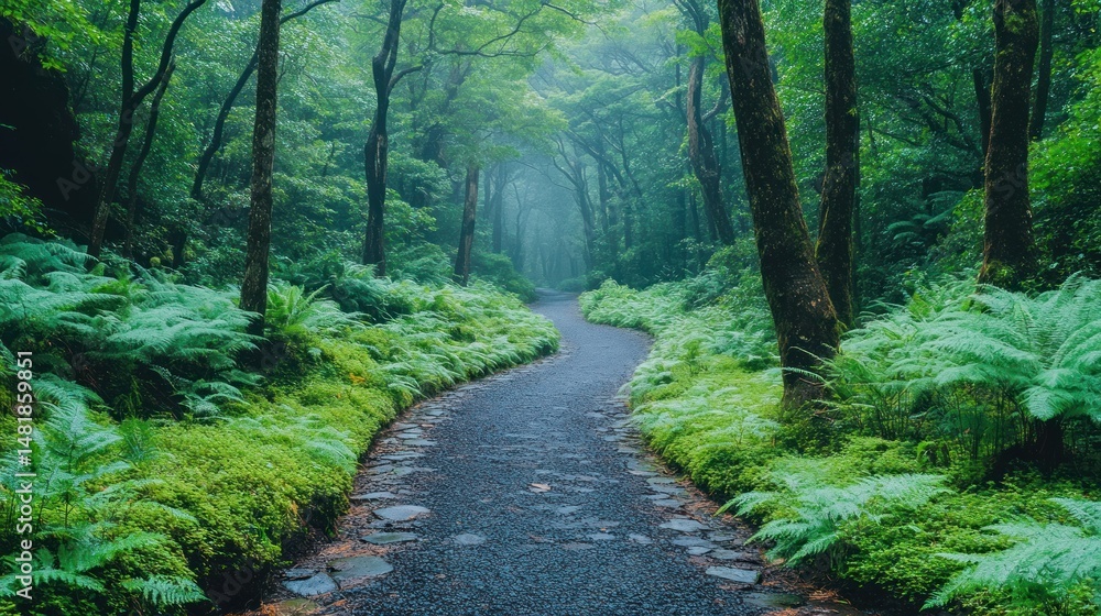 Obraz premium Serene path through lush, misty forest