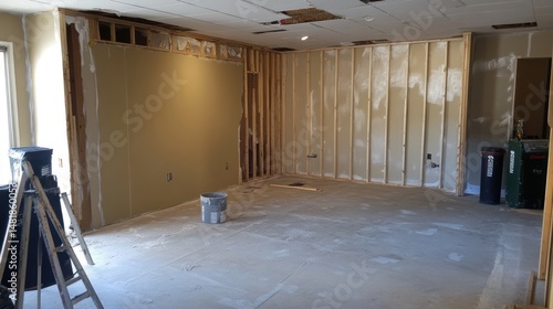 Renovation project interior view, room in progress, with unfinished walls