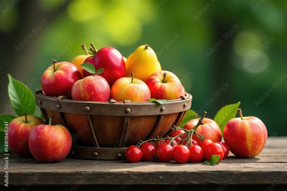 Ripe fruit overflowing from a rustic wooden bench , berries, summer Ripe fruit overflowing from a rustic wooden bench , berries, summer
