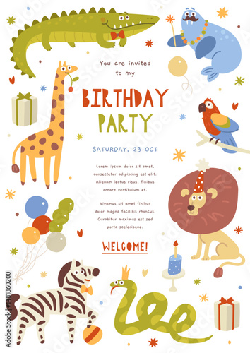 Childrens birthday invitation poster. Can used for birthday party, childish design. Cute animals and gifts. Tropical animals party invite background. Vector illustration