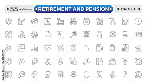 Retirement and pension outline icon set. Employee benefit stroke icons set. Related to teamwork, insurance, Bonus, pension, and Security. Editable stroke outline icon.