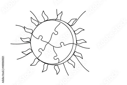 A simple one line drawing of a sun puzzle representing creativity and problem solving ideas for your business concepts
