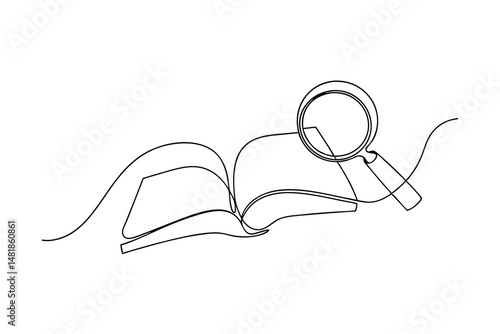 Minimalist line drawing of an open book with a magnifying glass depicting reading research and study