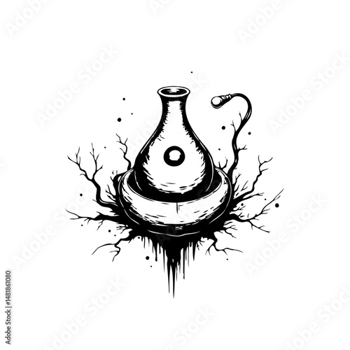 Monochrome depiction of a surreal vessel with flowing root system and ambiance