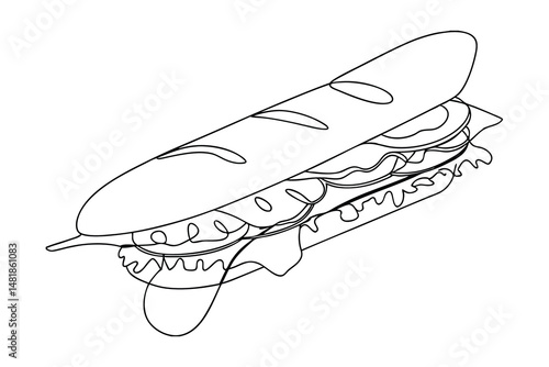 Simple artistic line drawing of a delicious sub sandwich showing ingredients of a tasty lunch