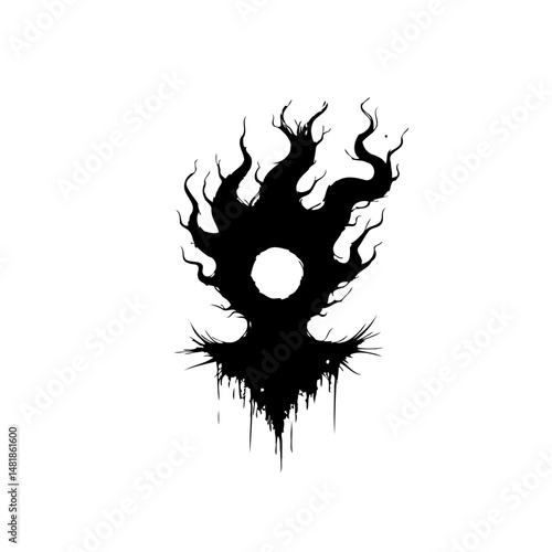 Silhouette of an abstract, organic form with central circular opening, artistic design