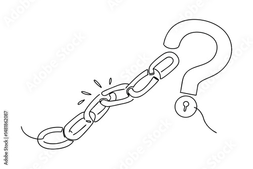 Conceptual black and white line drawing illustrating a broken chain symbolizing freedom and a question mark idea