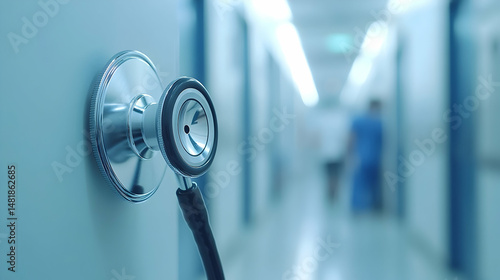 Medical stethoscope affixed to a wall in a hospital corridor.