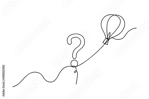 A question mark and a hot air balloon connected by a continuous line drawing concept of idea