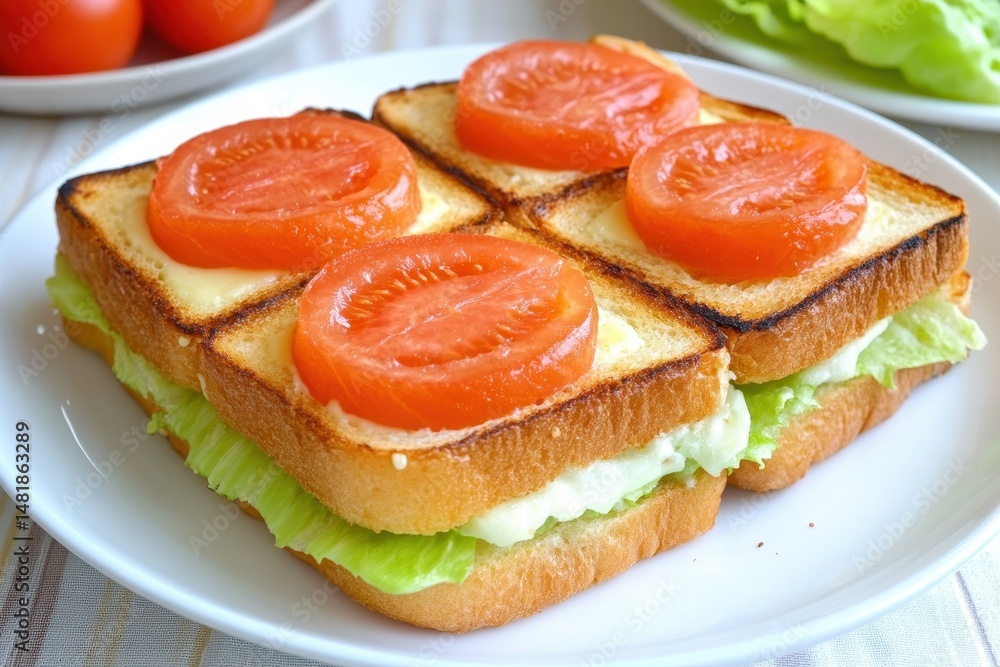 Four toasted sandwiches with cheese, tomato, and lettuce Four toasted sandwiches with cheese, tomato, and lettuce