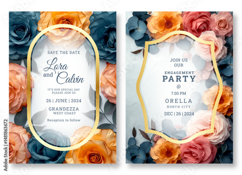 Colorful rose art wedding invitation template, business brochure template, flyer design, universal background, versatile vector background, creative brochure template, party invitation template design