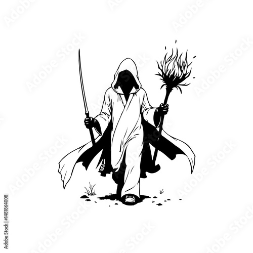 Mysterious hooded figure wielding a sword and torch against a stark white backdrop