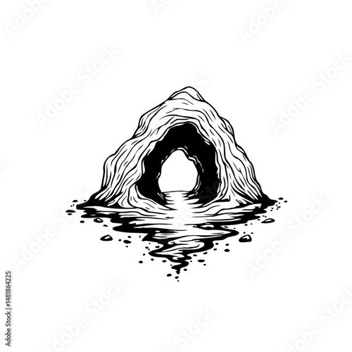 Monochrome cavern drawing, showcasing a unique stone formation and reflecting water