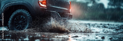 Powerful truck tires driving through muddy puddle during rainfall creating splash perfect for automotive marketing adventure and weather related themes with copy space