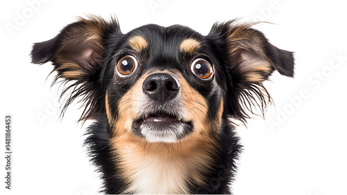 Adorable dog with wide eyes showing a surprised or scared facial expression against black background
