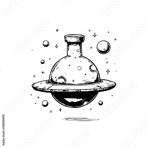 Imaginative planet concept with cosmic elements in detailed line art
