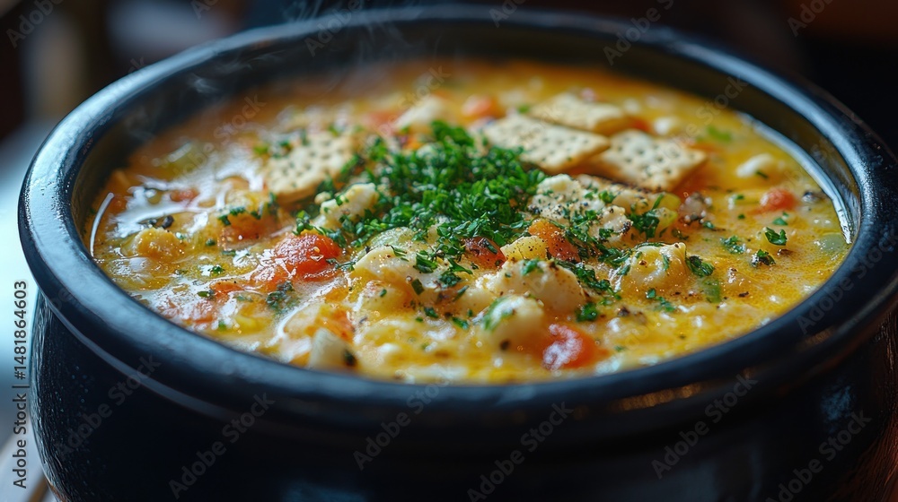 Hearty, steaming soup in a dark bowl. Hearty, steaming soup in a dark bowl.