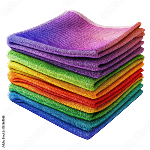 Stack of colorful rainbow microfiber cloths for cleaning on a transparent background Concept of hygiene, cleanliness, and household chores