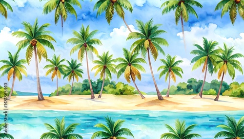 Wallpaper Mural Tropical beach landscape painted in watercolor, featuring calm sea, sand, and palm trees, repeating pattern Torontodigital.ca