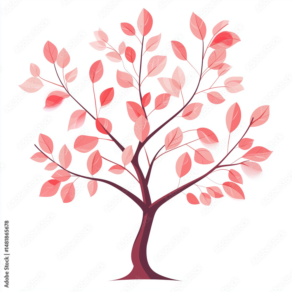 Fototapeta premium Vector illustration of a tree with pink leaves on a white background.