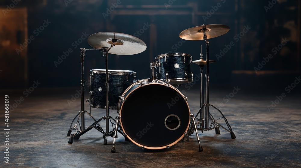 Fototapeta premium A set of drums is prominently displayed on a stage background.