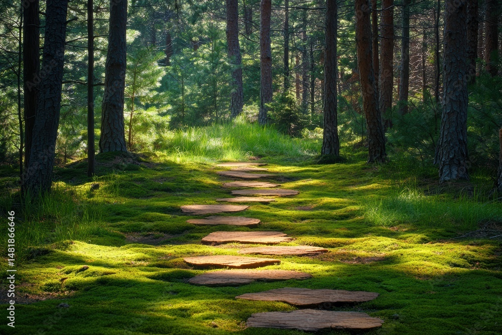 Obraz premium Sunlit path through a tranquil pine forest with a mossy ground