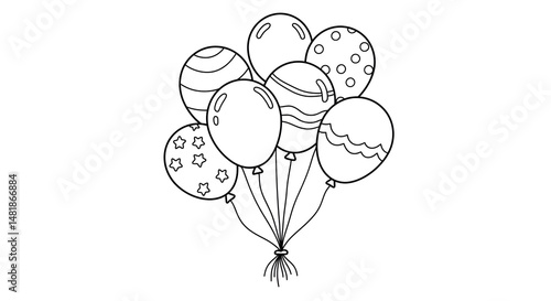 Generate Festive balloon line art coloring sheet, featuring simple shapes and strings—great for party themes, celebration activities, or preschool printables.