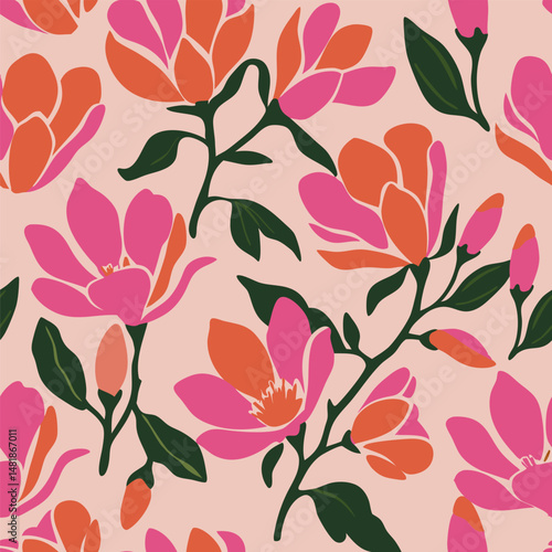 Seamless floral pattern with pink and orange magnolia flowers on peach background