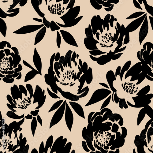 Seamless peony pattern in black on beige background