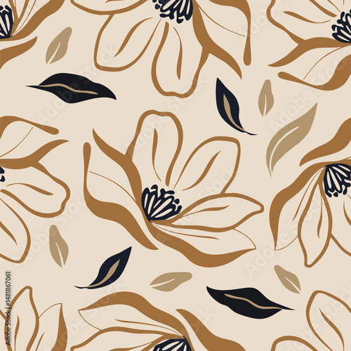 Seamless abstract floral pattern with brown beige flowers and black leaves