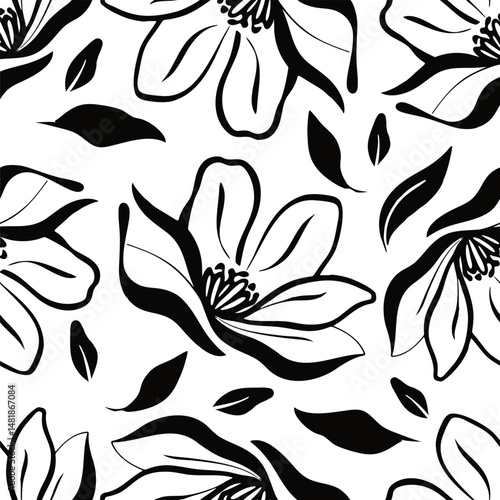 Seamless black and white floral pattern with abstract flowers and leaves