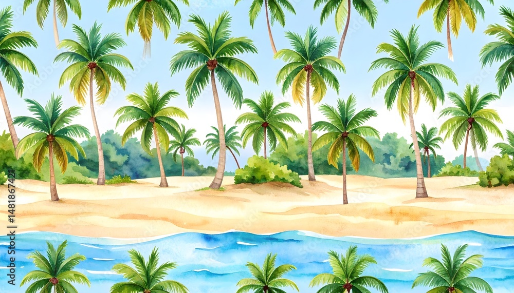 Tropical beach landscape painted in watercolor, featuring calm sea, sand, and palm trees, repeating pattern Tropical beach landscape painted in watercolor, featuring calm sea, sand, and palm trees, repeating pattern