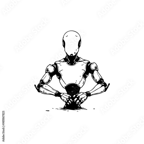 Monochrome illustration depicting a humanoid robot emerging from dark substance