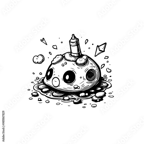 Whimsical blob creature with liquid puddle in monochrome ink illustration