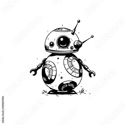 Line art of a futuristic automaton, black and white minimalistic illustration