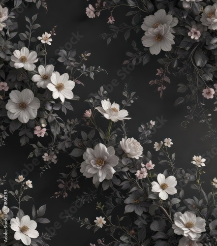Elegant dark charcoal floral wallpaper with delicate blossoms and vines , leaves, gothic, home