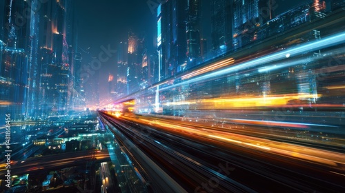 Fototapeta Naklejka Na Ścianę i Meble -  Futuristic city at night with a high-speed train