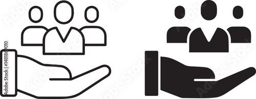 minimalist icons, group of people, hand holding people, simple black and white vector illustration