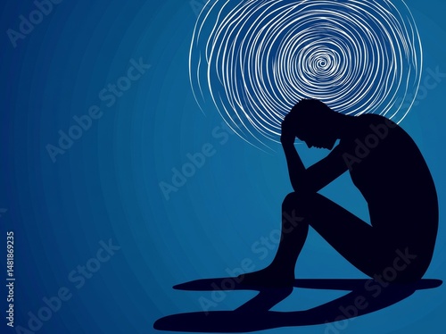 A young male character struggling with depression sits on the floor, clutching their knees, with a cartoon doodle floating above their head, symbolizing their mental health struggles