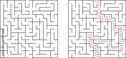 Complex maze puzzle with solution path presented in red lines for easy understanding