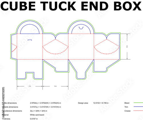 Detailed cube tuck end box die cut template with dimensions and measurements in inches
