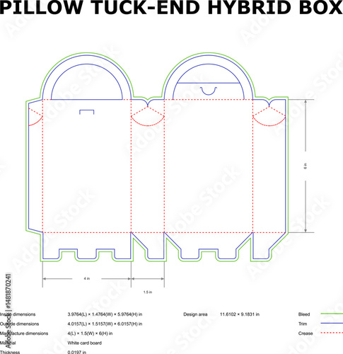 Detailed vector layout of a pillow tuck end hybrid box packaging design blueprint