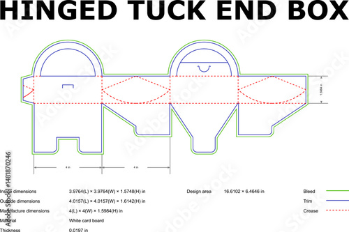 Detailed vector diagram and dimensions of a hinged tuck end box template
