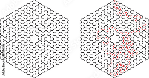 Complex hexagonal mazes with path indicated offering concepts of solutions and challenges