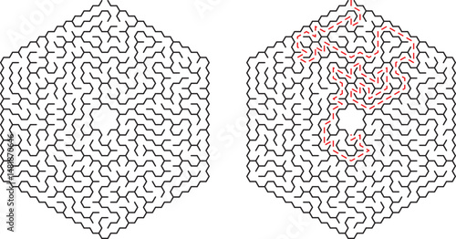 Complex hexagon labyrinth puzzle with highlighted path demonstrating problem solving and solutions
