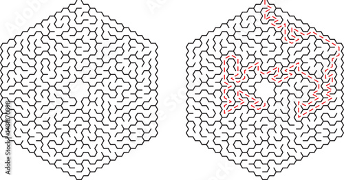 Complex hexagonal mazes showcasing a difficult puzzle with pathways highlighted in contrasting color